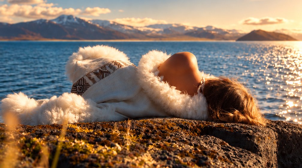 Júlía resting on a mossy rock by the sea at golden hour
